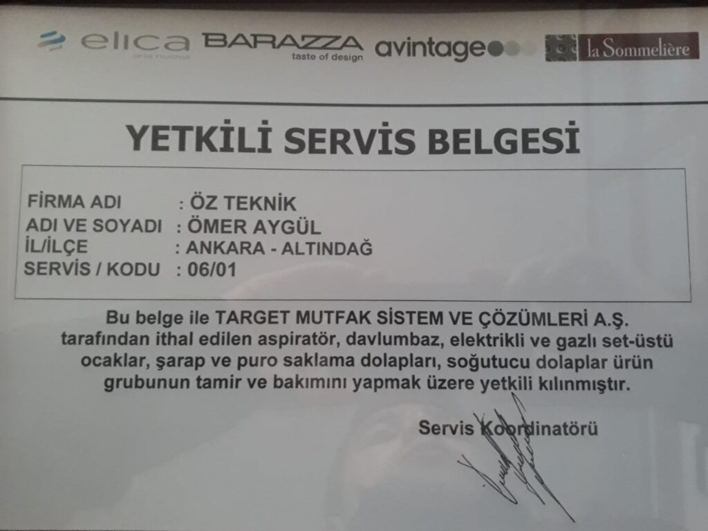 Elica Barazza aventage La Sommeliere Yetkili Servis Belgesi